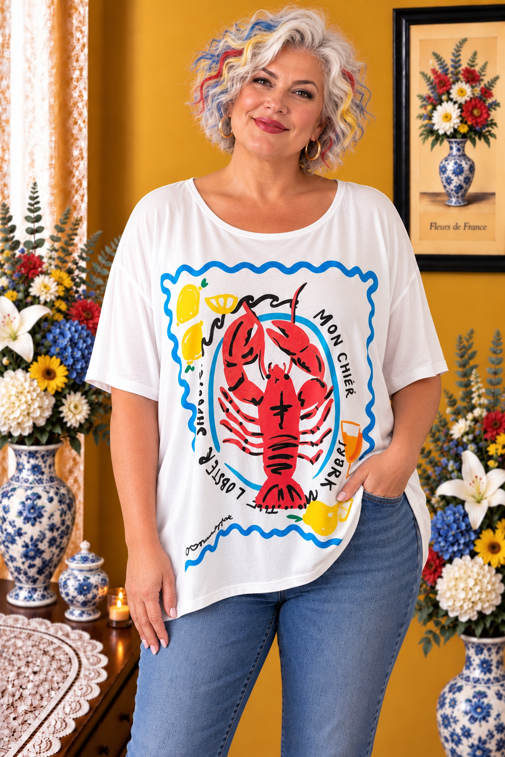 T-shirt grande taille blanc imprimé bleu jaune rouge taille 52/54