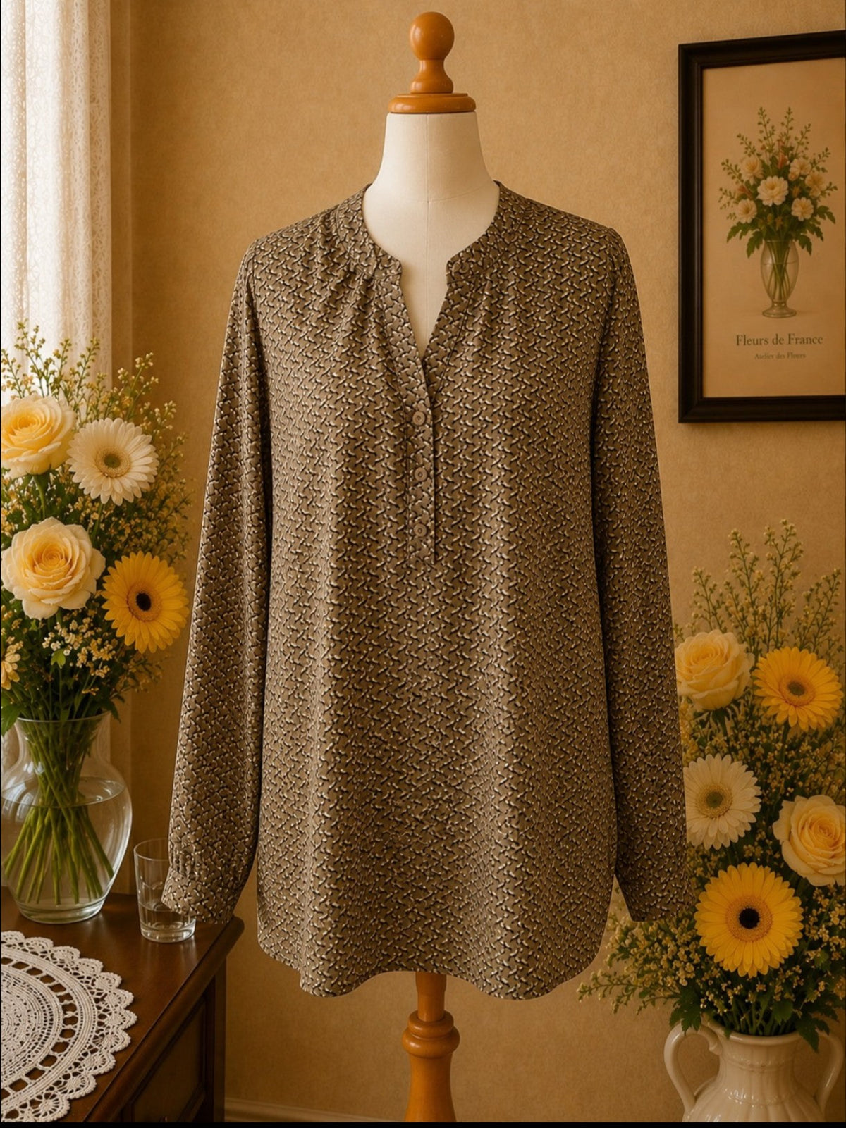 Blouse Christy Imprimé Graphique Kaki, Beige & Noir t40