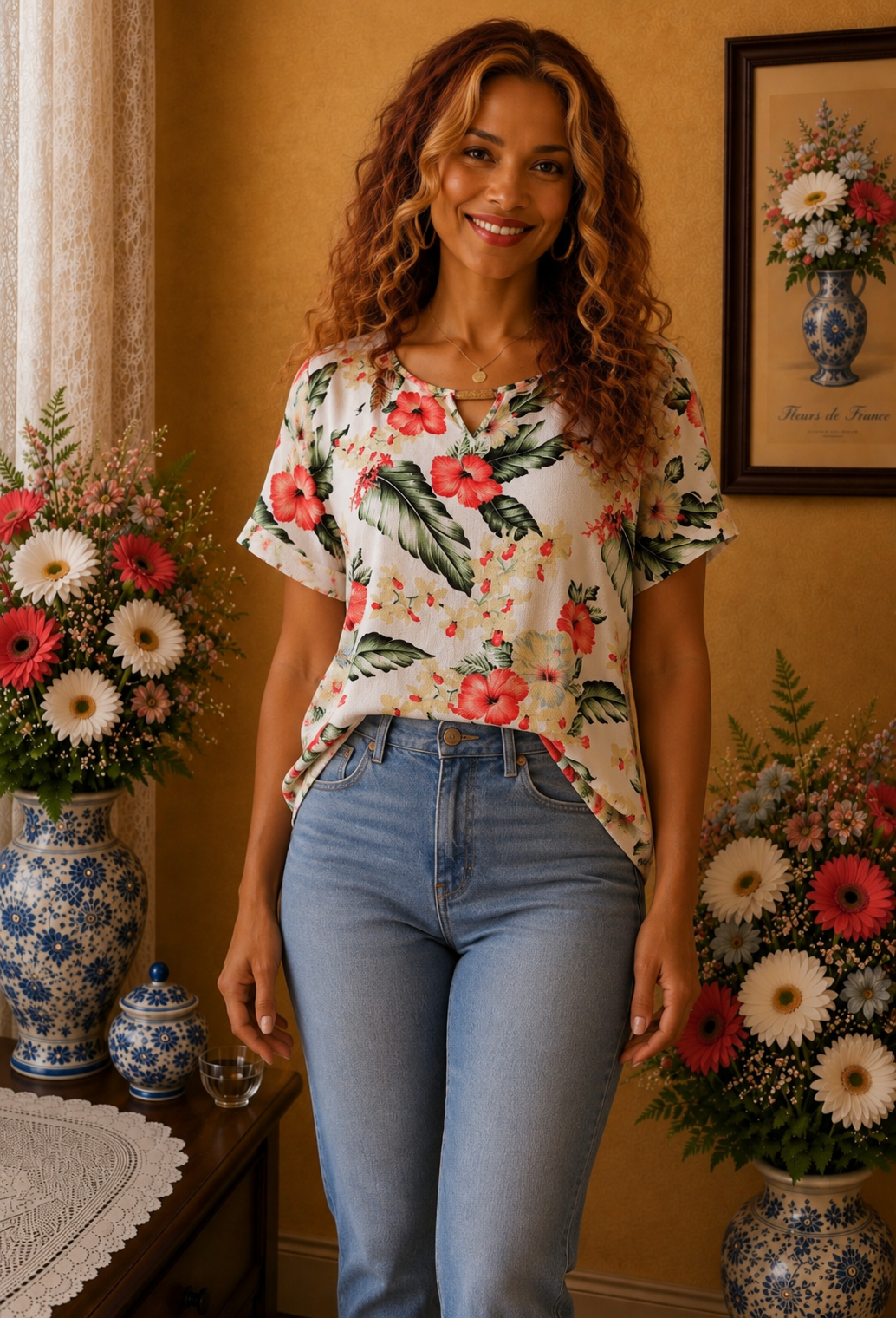Blouse tunique femme Liu Li fleurie blanche multicolore taille 38💞