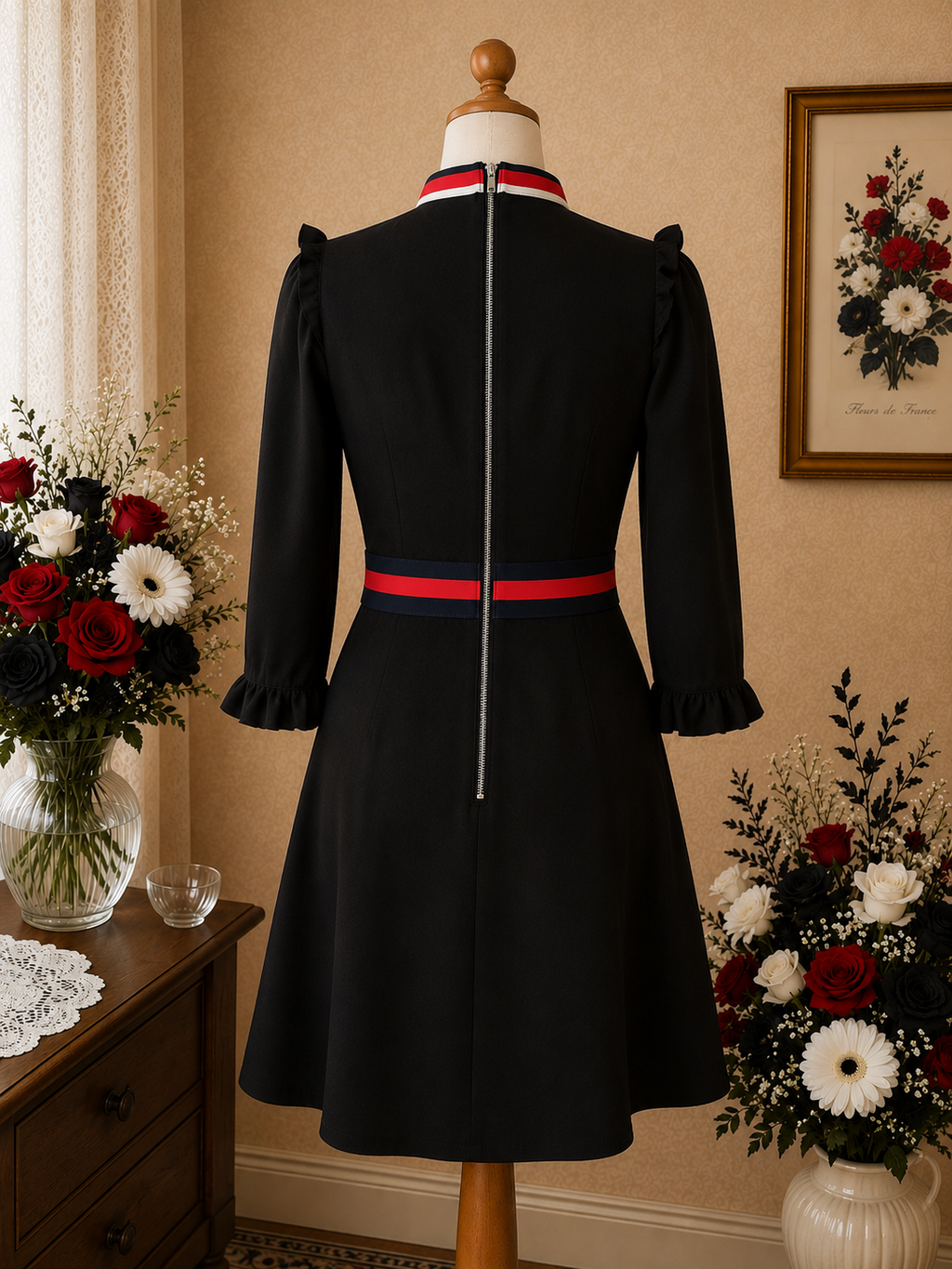 Robe de soirée vintage noir, bleu & rouge – Vanity Paris