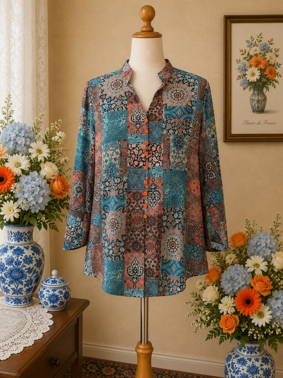 Blouse patchwork turquoise & corail – grande taille vintage