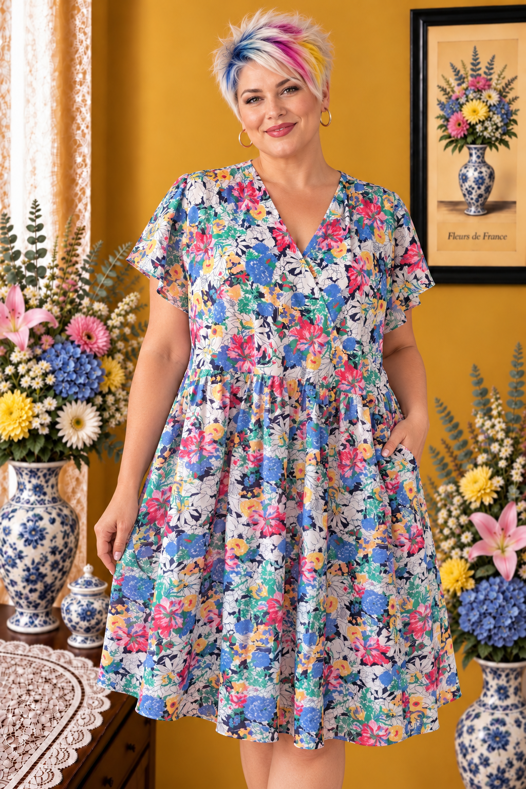 Robe longue légère blanche imprimé fleurs multicolore taille 52