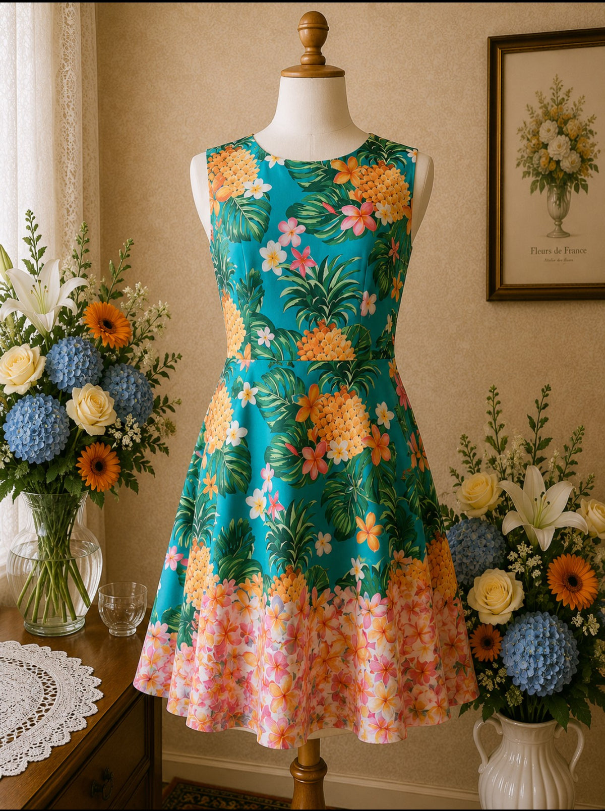 Robe d'Été florale bleue & multicolore coupe fluide t42