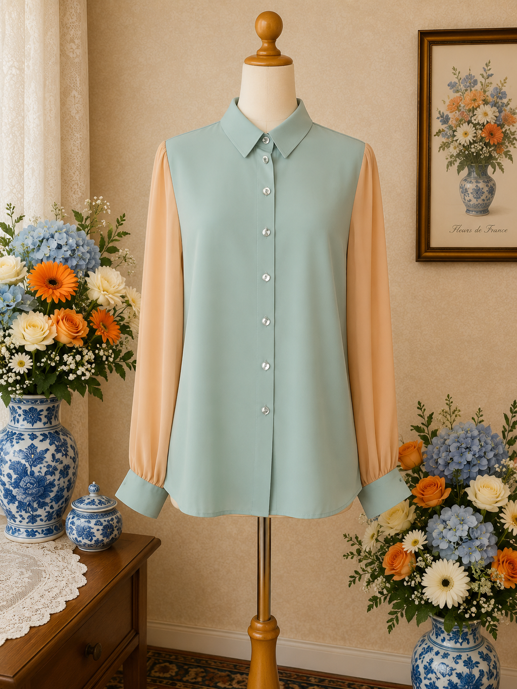 Chemise en soie pure vert menthe & crème – Queenie Paris