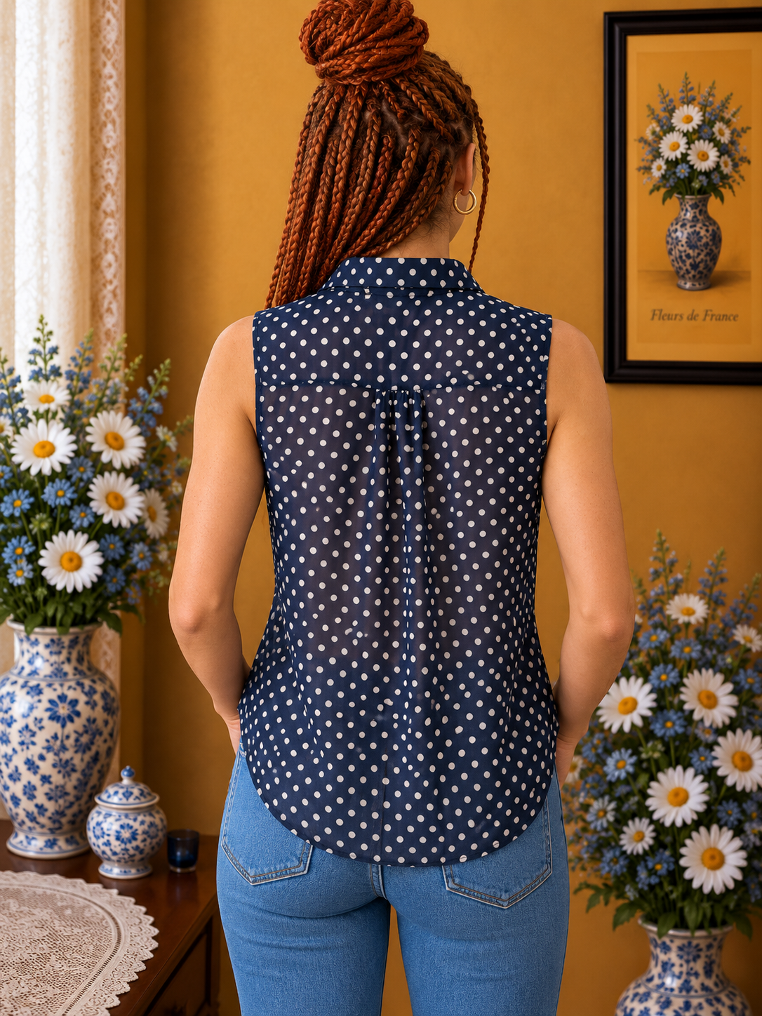 Blouse femme sans manches bleu marine pois blancs voilage taille 38