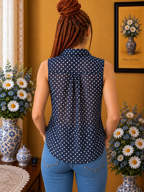 Blouse femme sans manches bleu marine pois blancs voilage taille 38