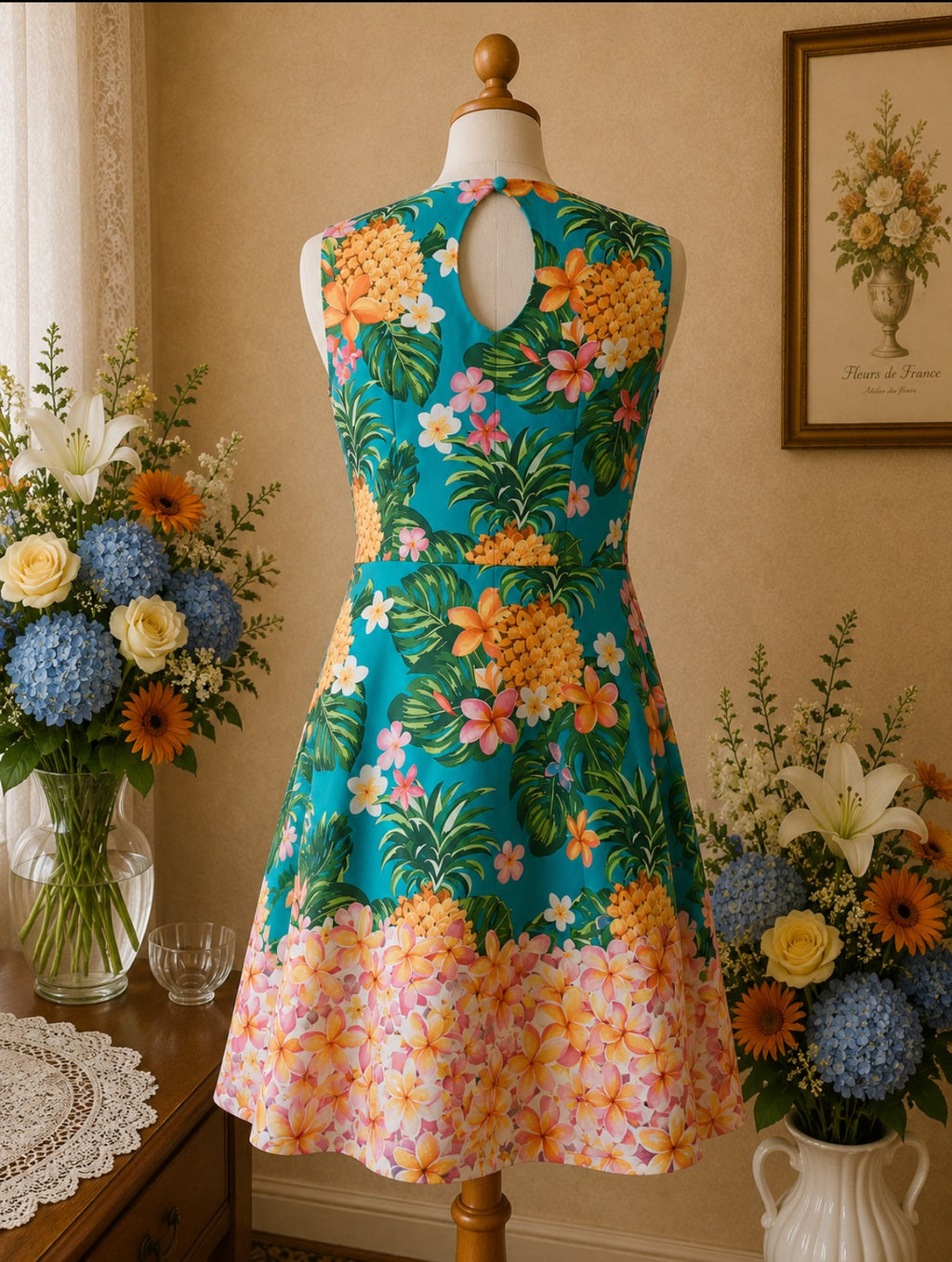 Robe d'Été florale bleue & multicolore coupe fluide t42