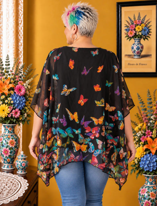 Blouse noire Sweet Lady  imprimés papillons multicolores taille S/M