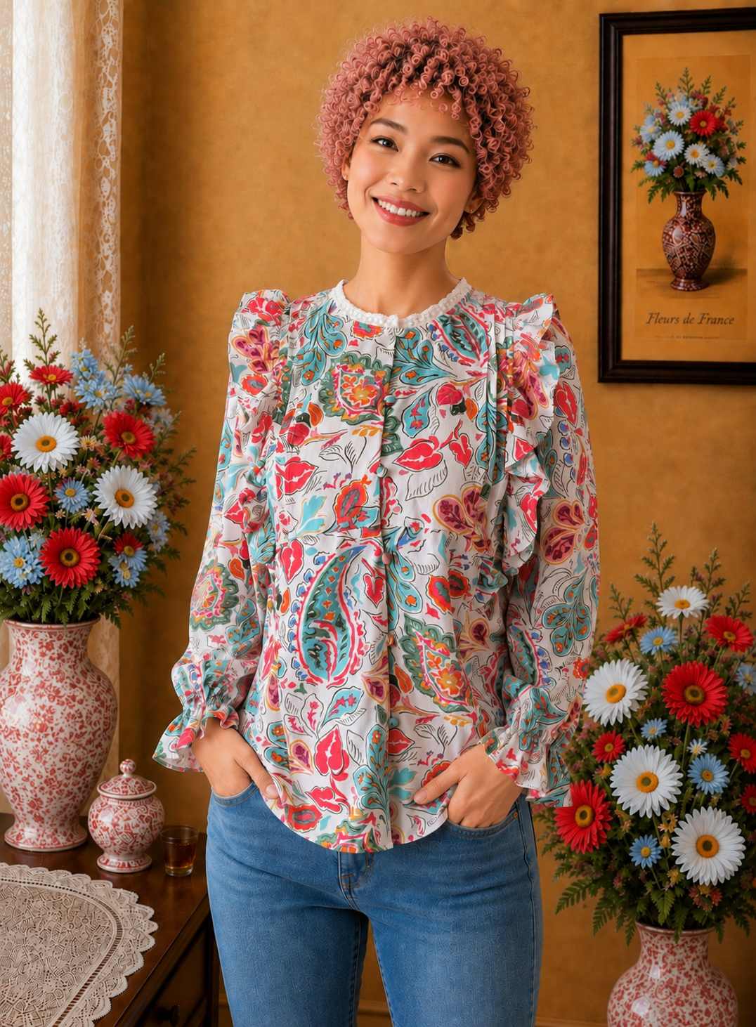 Blouse Cerise Blue blanche florale multicolore volantee taille 36