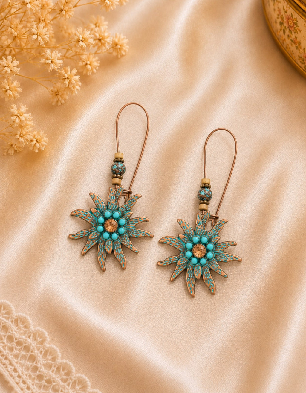 Boucles d’oreilles pendantes soleil Cuivre & turquoise