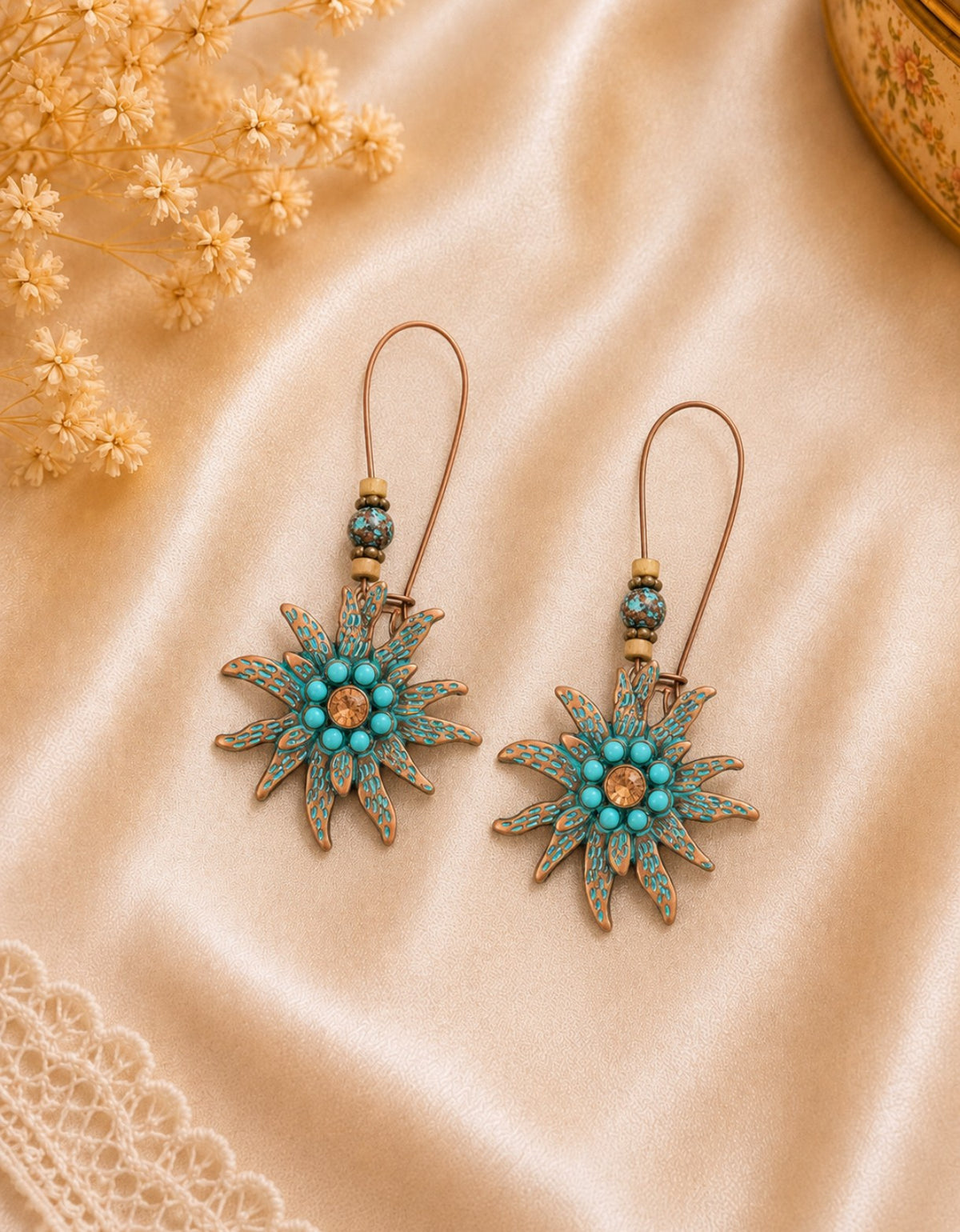 Boucles d’oreilles pendantes soleil Cuivre & turquoise