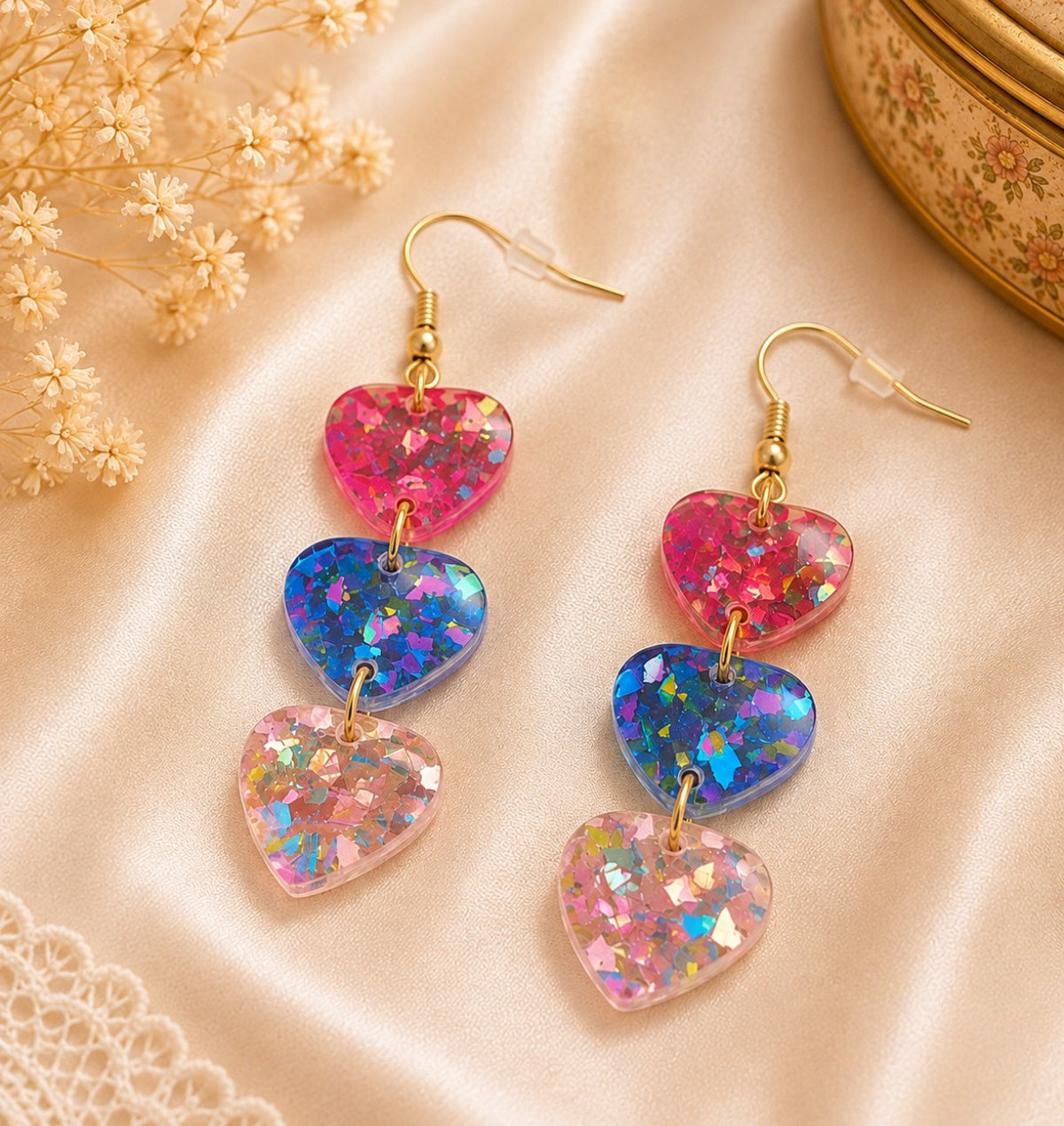 Boucles d'oreilles pendantes fantaisie trois coeurs multicolores