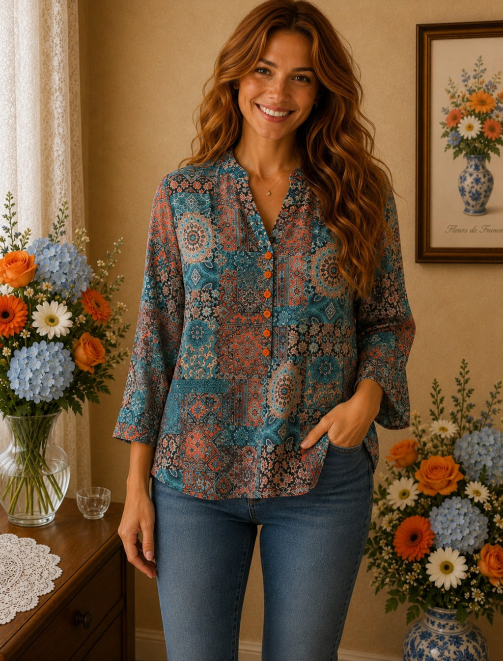 Blouse patchwork turquoise & corail – grande taille vintage