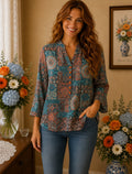 Blouse patchwork turquoise & corail – grande taille vintage