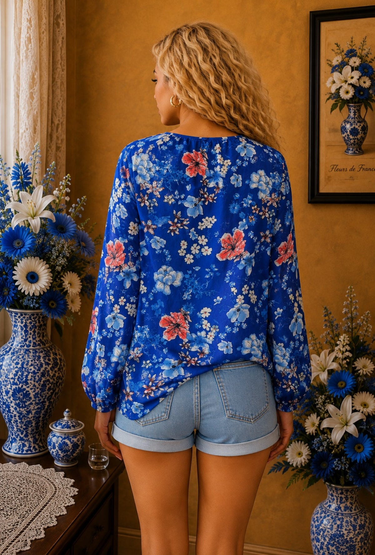 Blouse femme fleurie bleu roi imprimé floral blanc rouge taille 42