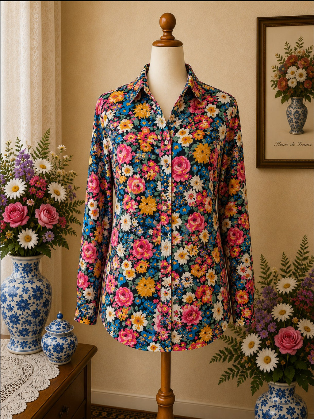 Chemise fleurie fond sombre – imprimé floral vintage