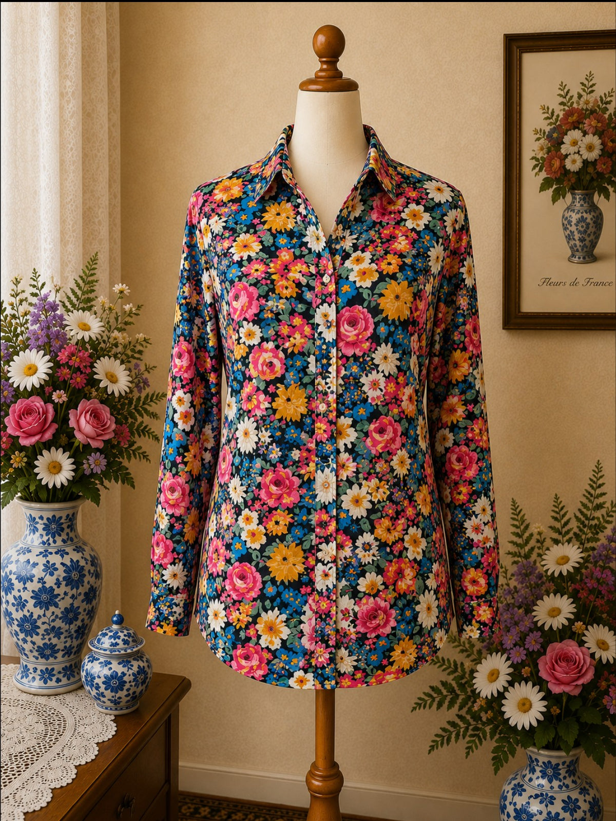Chemise fleurie fond sombre – imprimé floral vintage