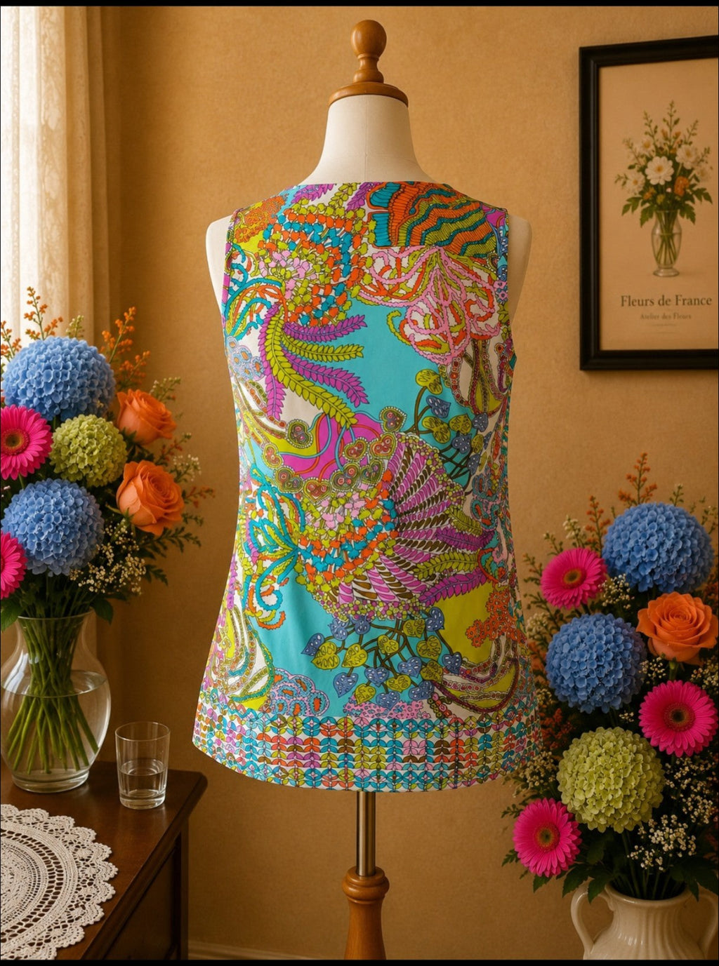 Top Débardeur K-Design Psychédélique Multicolore & Fleurs en Strass t34