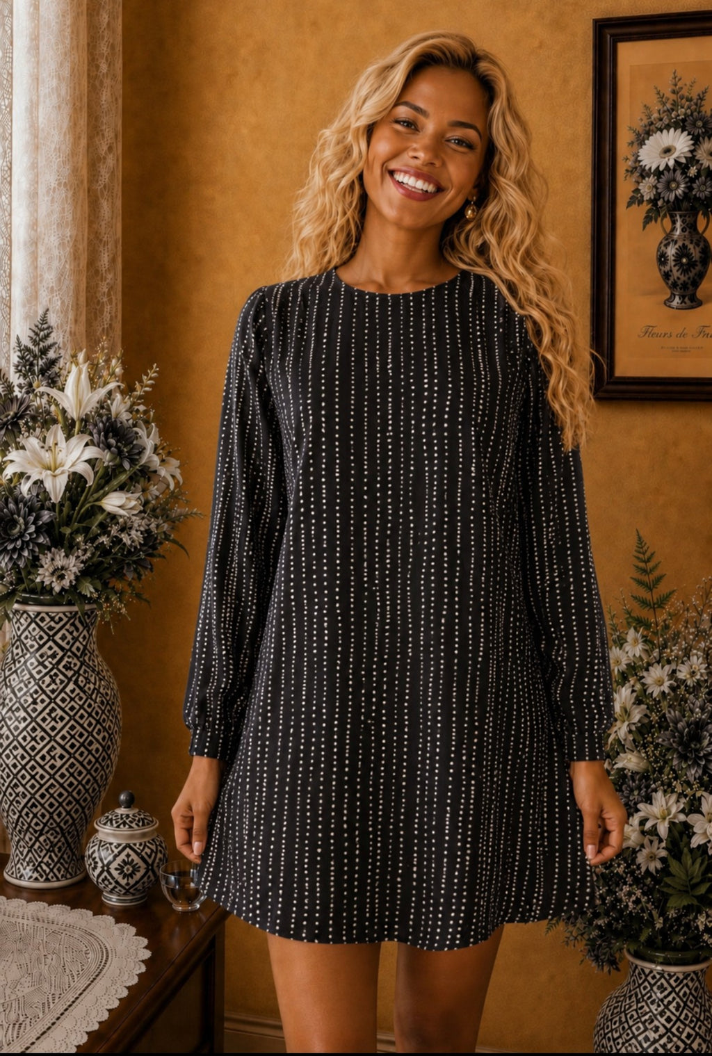 Robe H&M noire imprimé graphique blanc taille 42