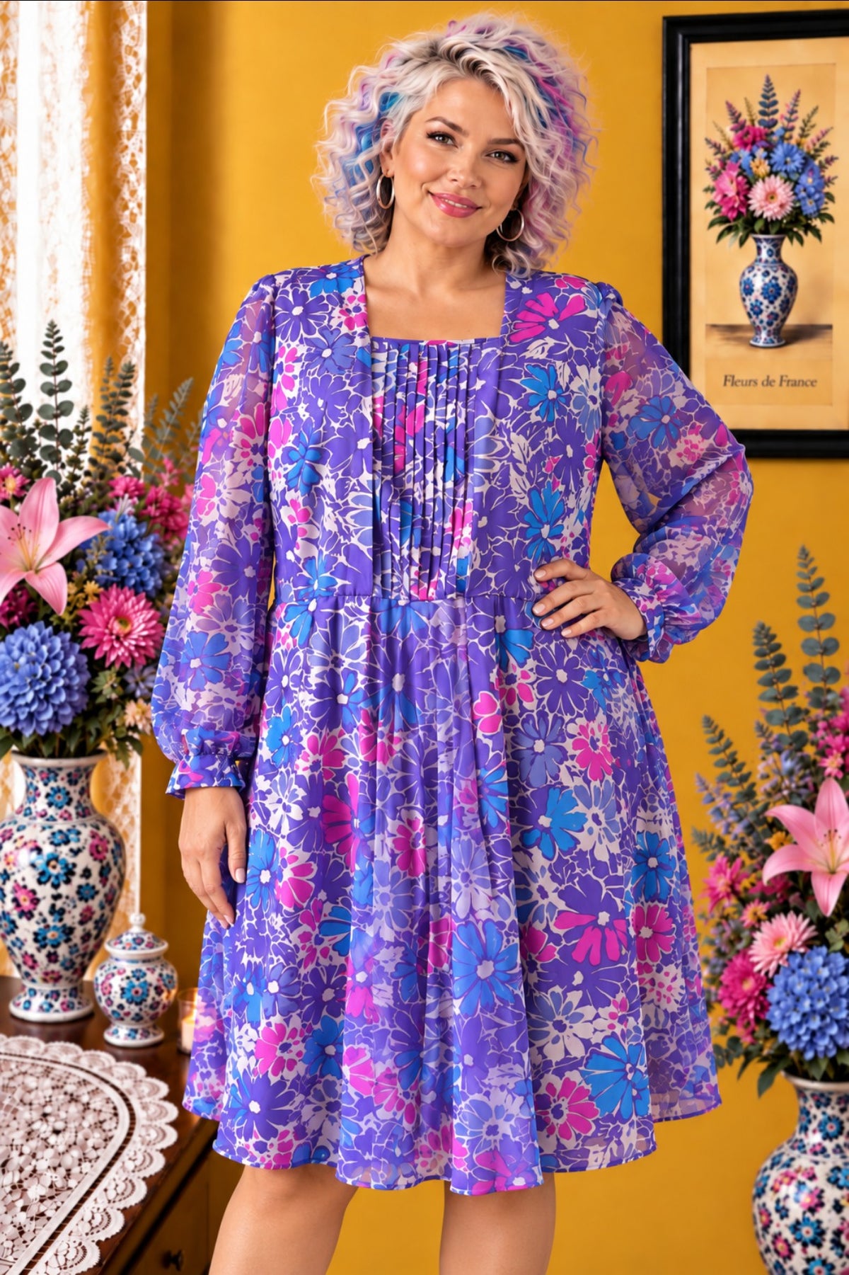 Robe femme Jerseys Huguet Paris blanche fleurie violet fushia taille 48