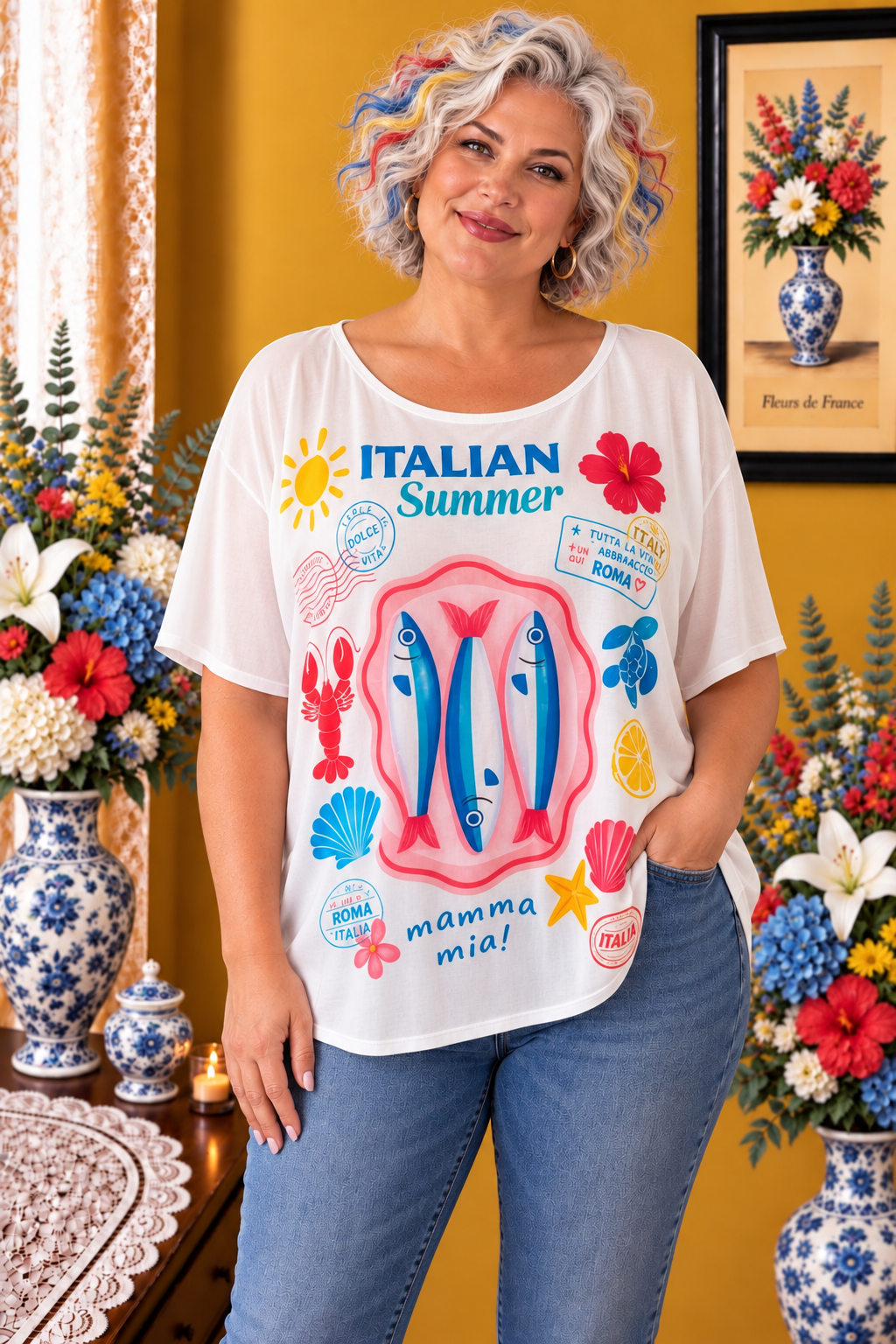 T-shirt grande taille blanc sardine bleu rouge jaune taille 52/54