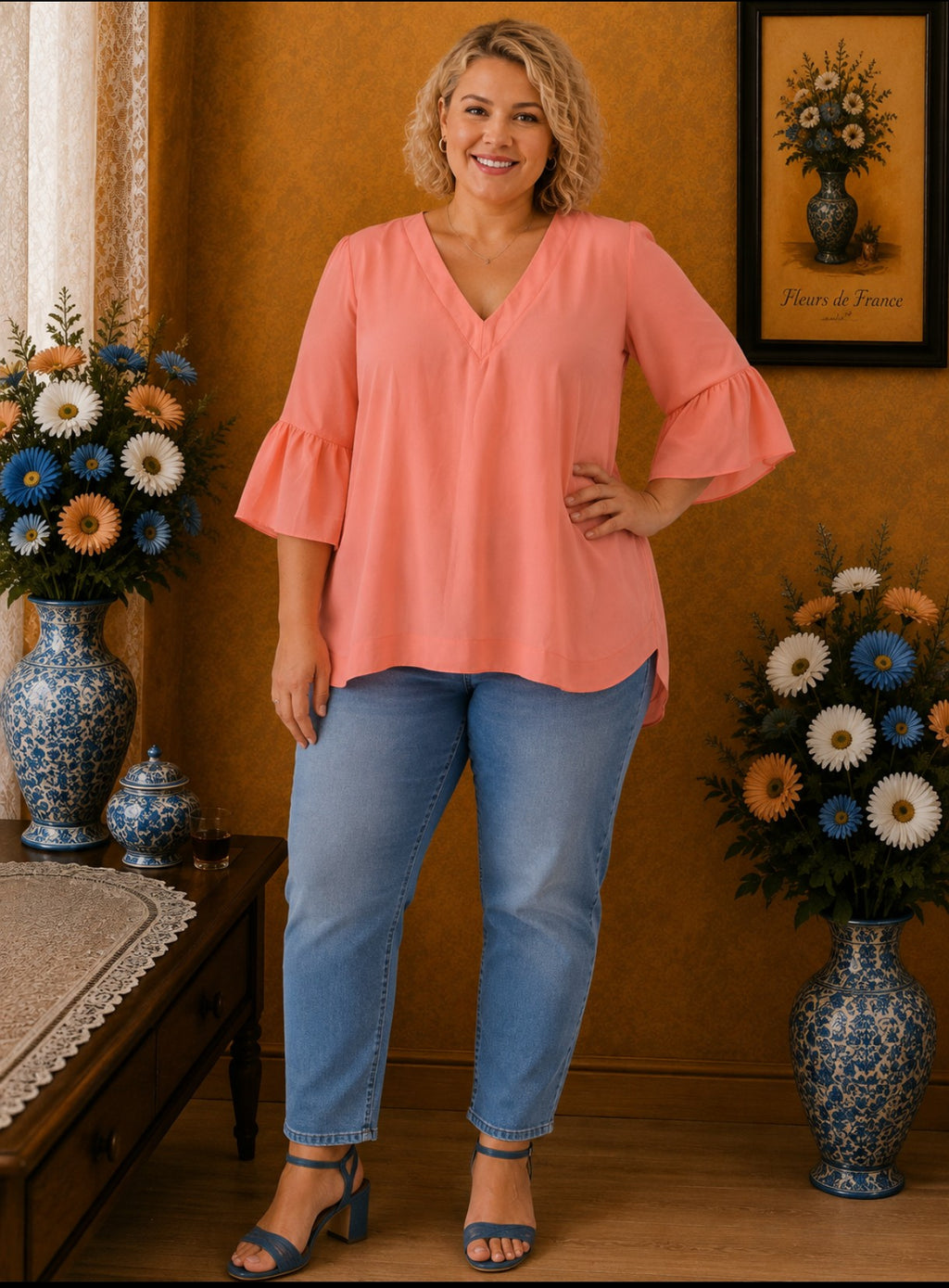 Blouse tunique Balsamik corail  Manches volantées taille 50