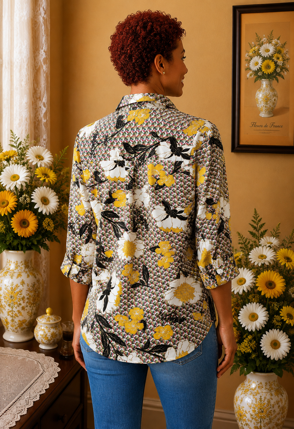 Chemisier  AKOZ de Toi Paris  fleurie jaune blanc noir taille 36