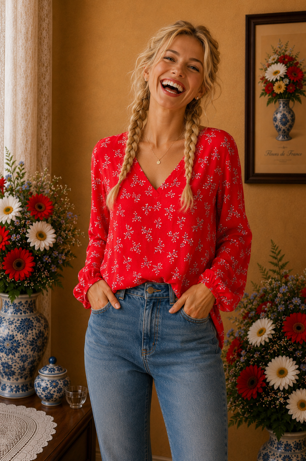 Blouse Primark rouge fleurie manches 3/4 taille 48 neuve 💕