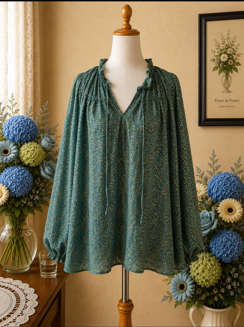 Blouse H&M Vert Eucalyptus, Imprimé Doré & Effet Transparence t38