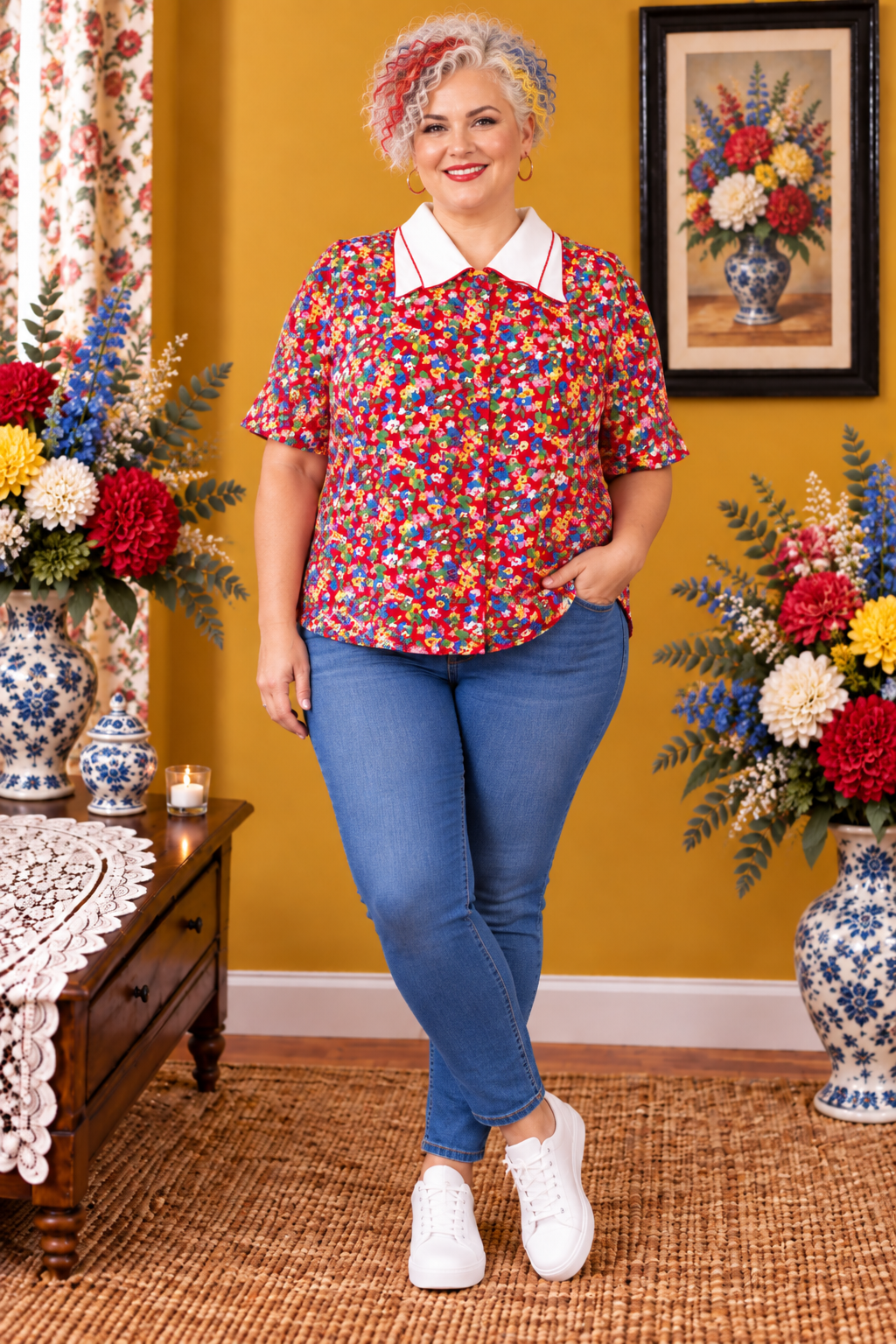 Chemise rouge multicolore florale taille 46