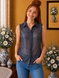 Blouse femme sans manches bleu marine pois blancs voilage taille 38
