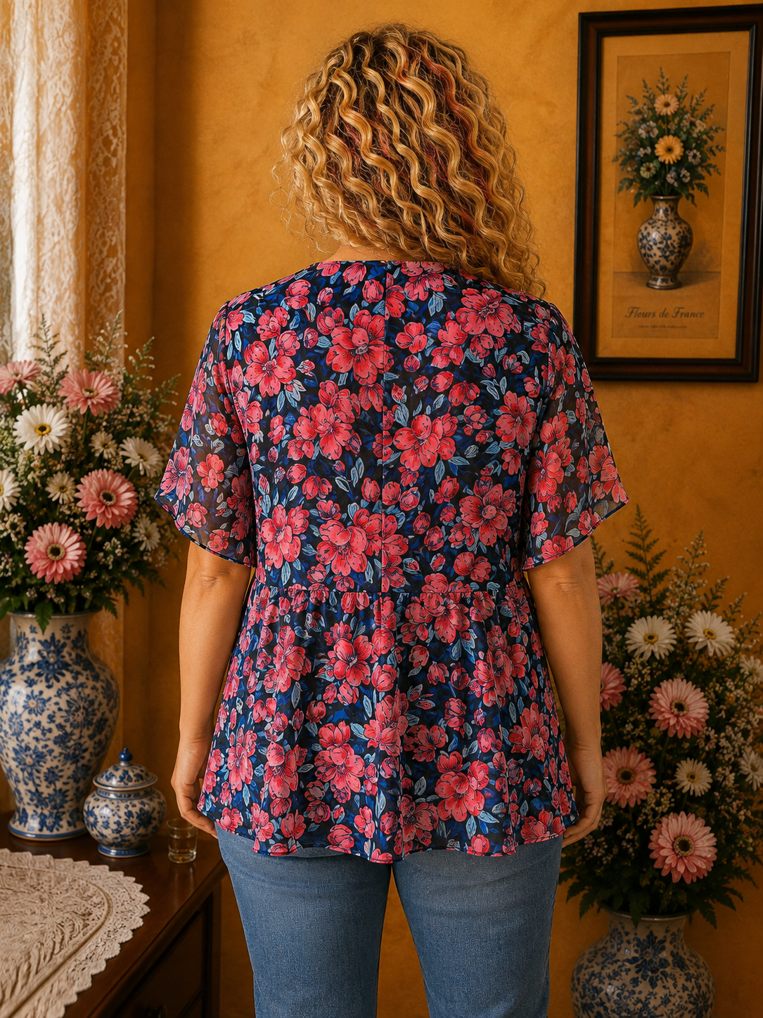 Blouse femme Shein Curve imprimé floral noir rouge bleu taille 50