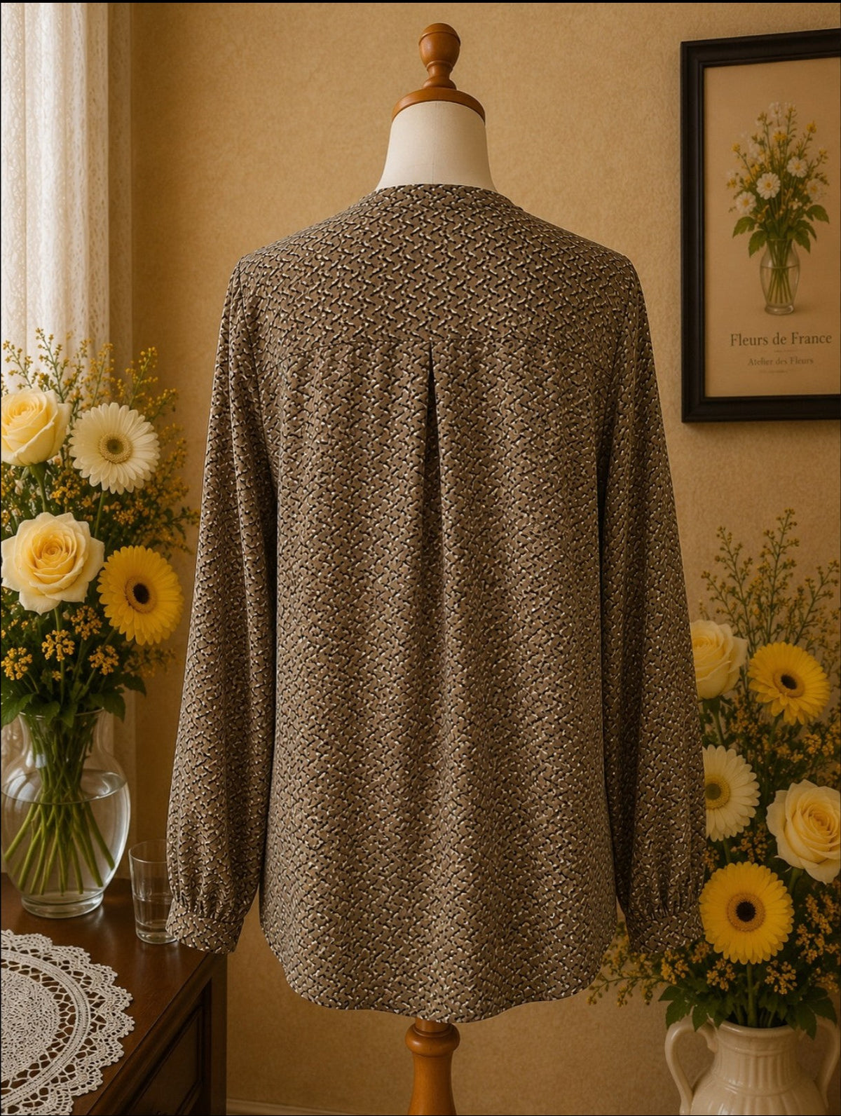 Blouse Christy Imprimé Graphique Kaki, Beige & Noir t40