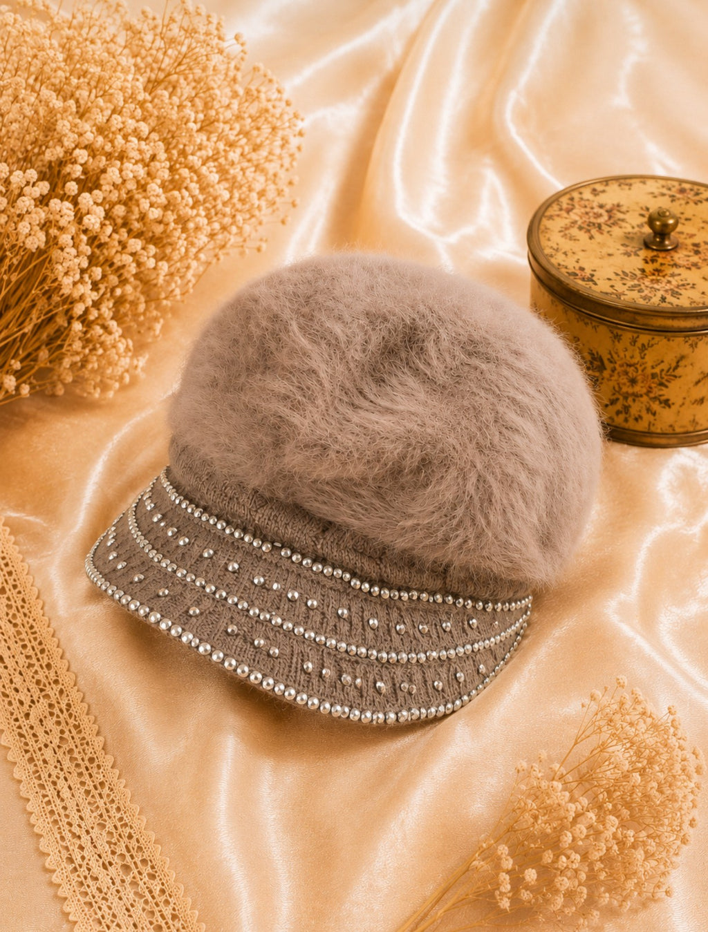 Casquette femme strass effet angora taupe marin clair neuve