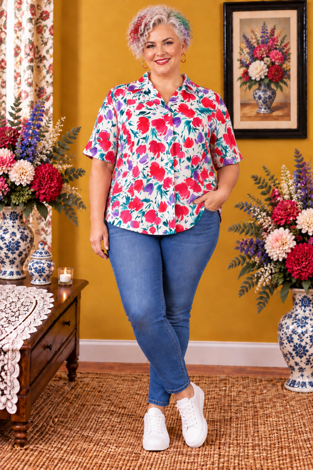 Chemise blanche florale multicolore taille 46