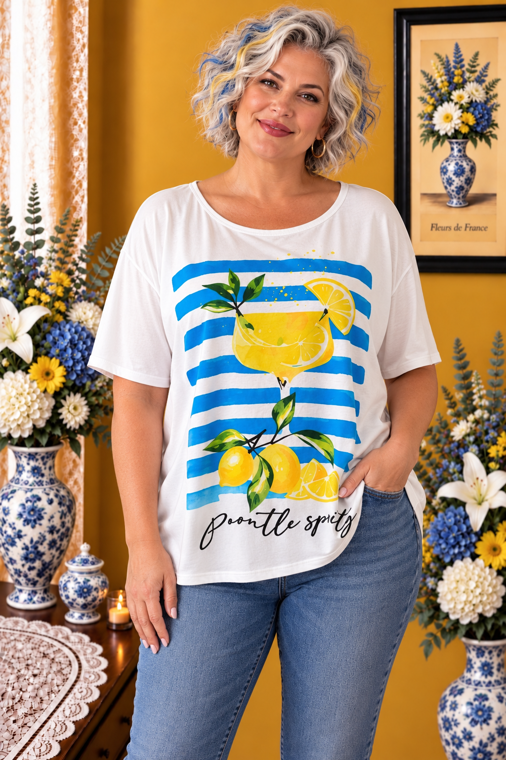 T-shirt grande taille neuf blanc imprimé cocktail citron taille 52/54