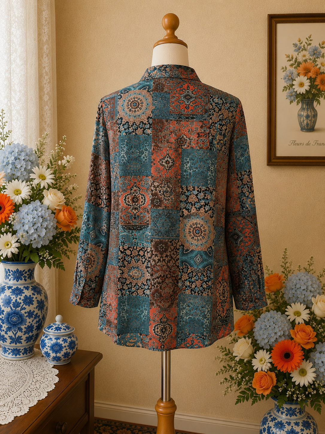 Blouse patchwork turquoise & corail – grande taille vintage
