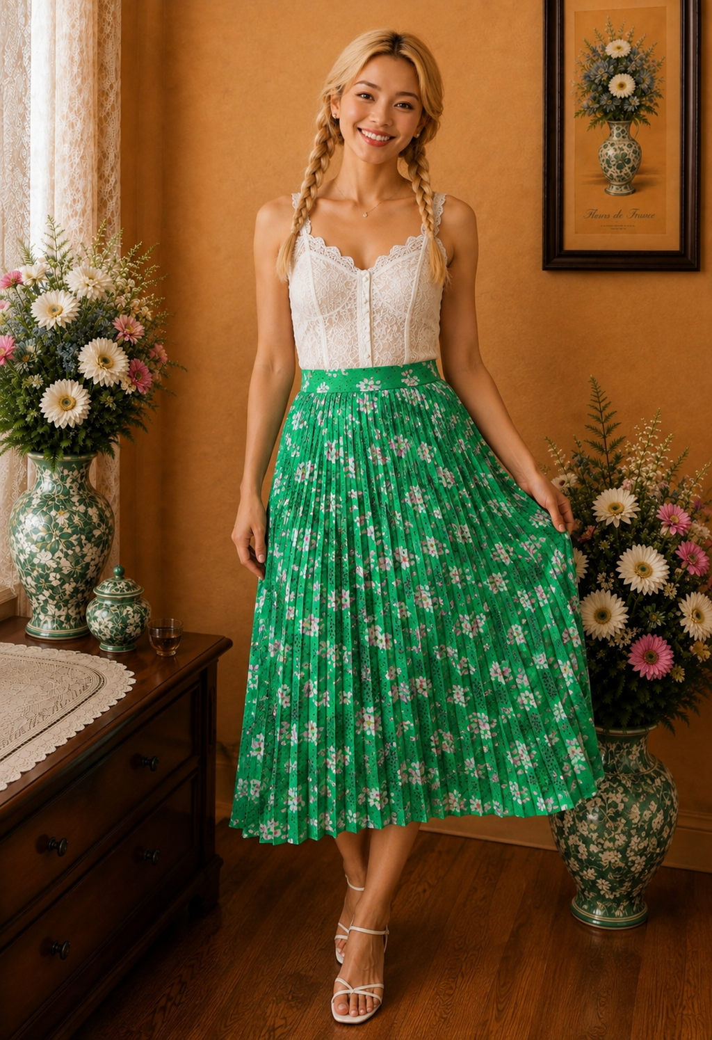 Jupe longue plissée Never Fully Dressed verte fleurie rose blanc taille 34