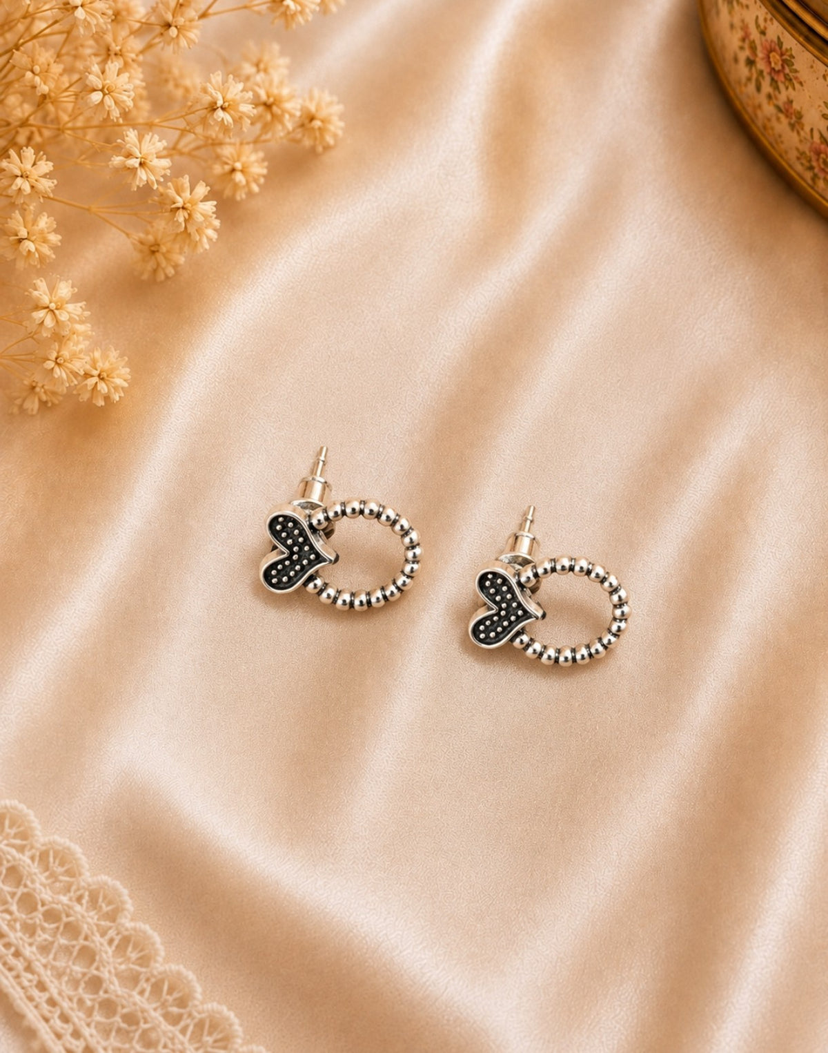 Boucles d’oreilles argentées cœur & anneau