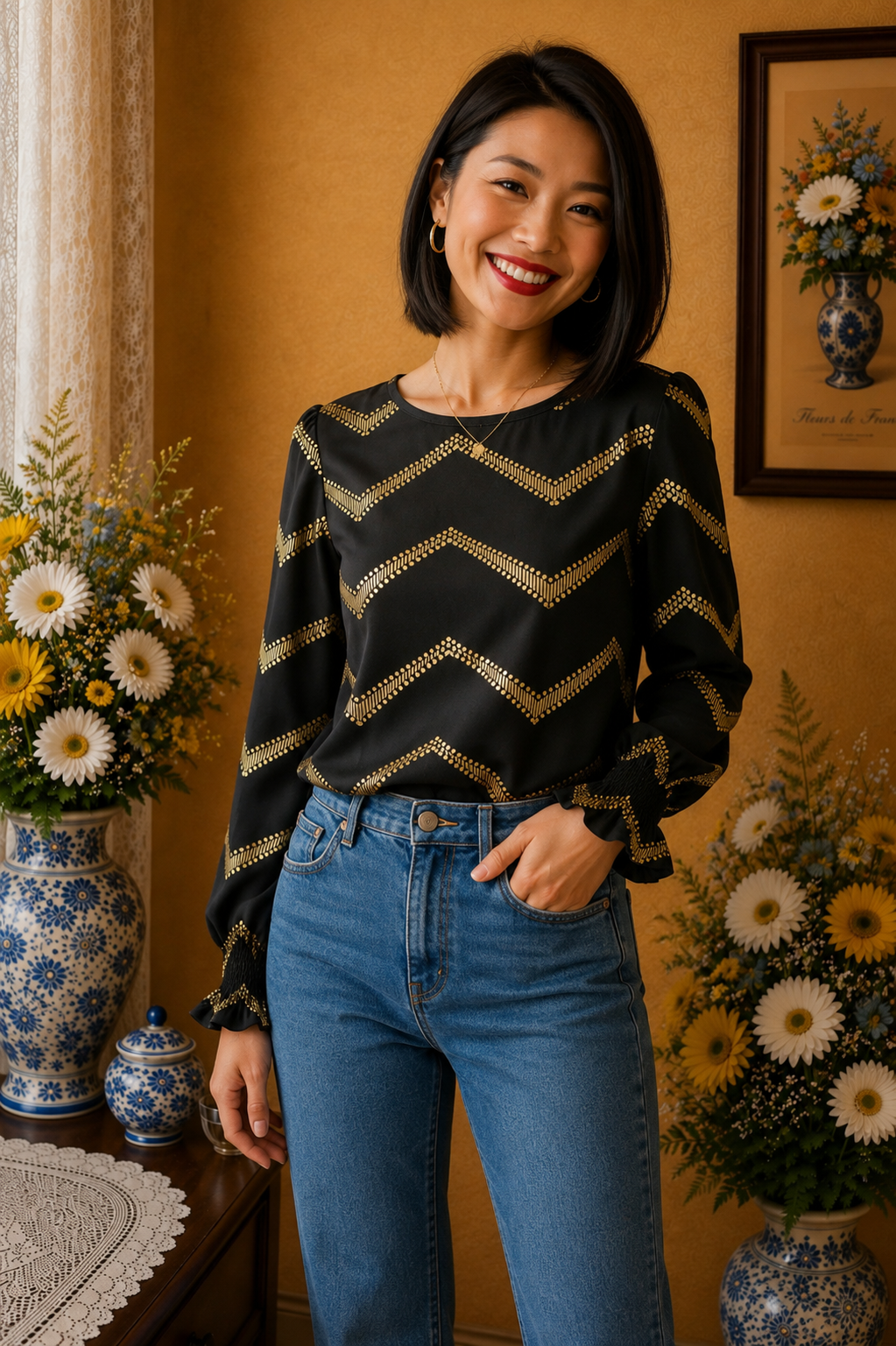Blouse Shein noire motifs dorés manches longues taille 36💞