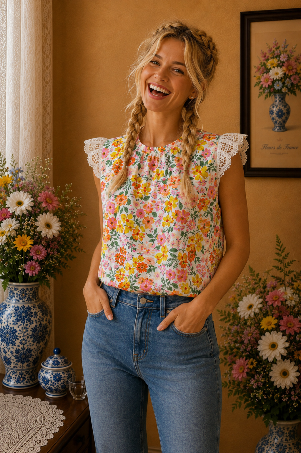 Blouse femme blanche fleurie multicolore dentelle taille 40