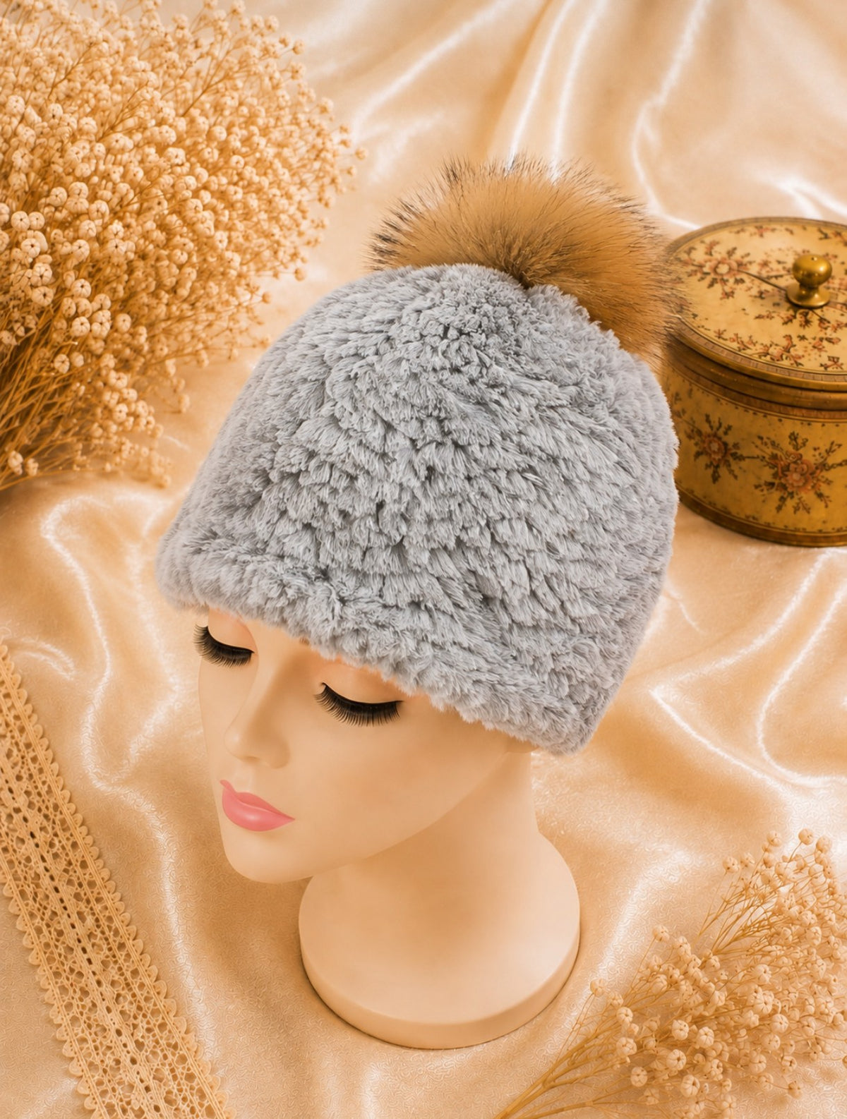 Bonnet gris ultra doux et duveteux à pompon tons camel marron neuf
