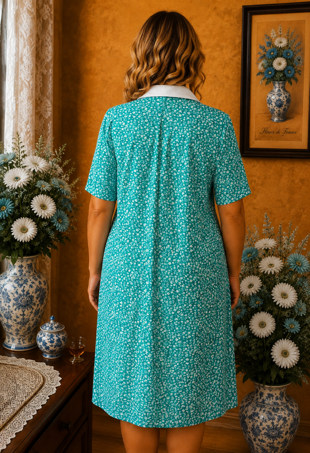Robe d'été vintage verte imprimés petites fleurs blanches taille 48
