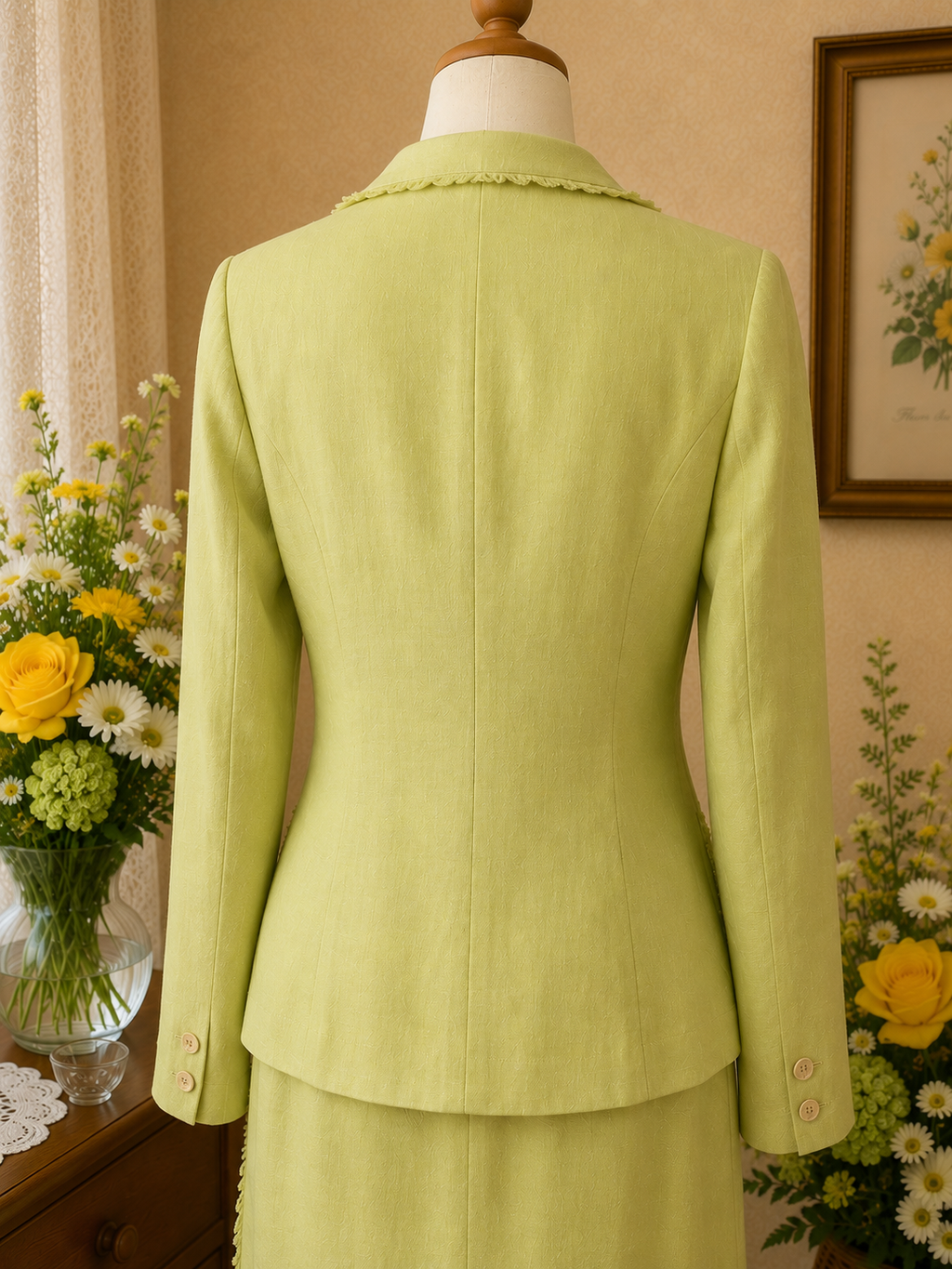 Ensemble veste & jupe en lin vert – élégance française