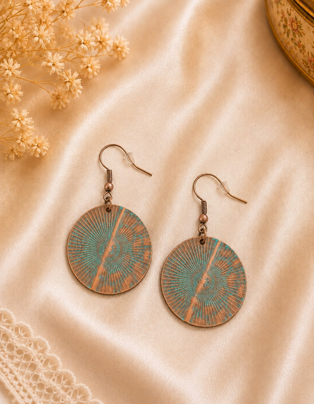 Boucles d’oreilles pendantes rondes Cuivre & turquoise
