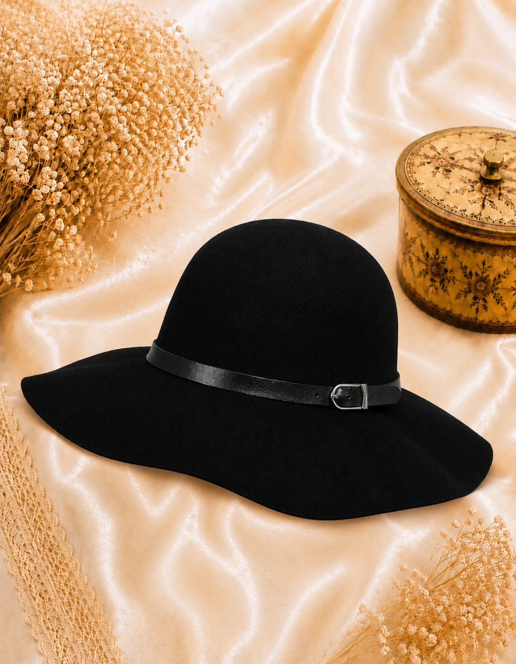 Chapeau femme noir larges bords élégant et intemporel 100% laine