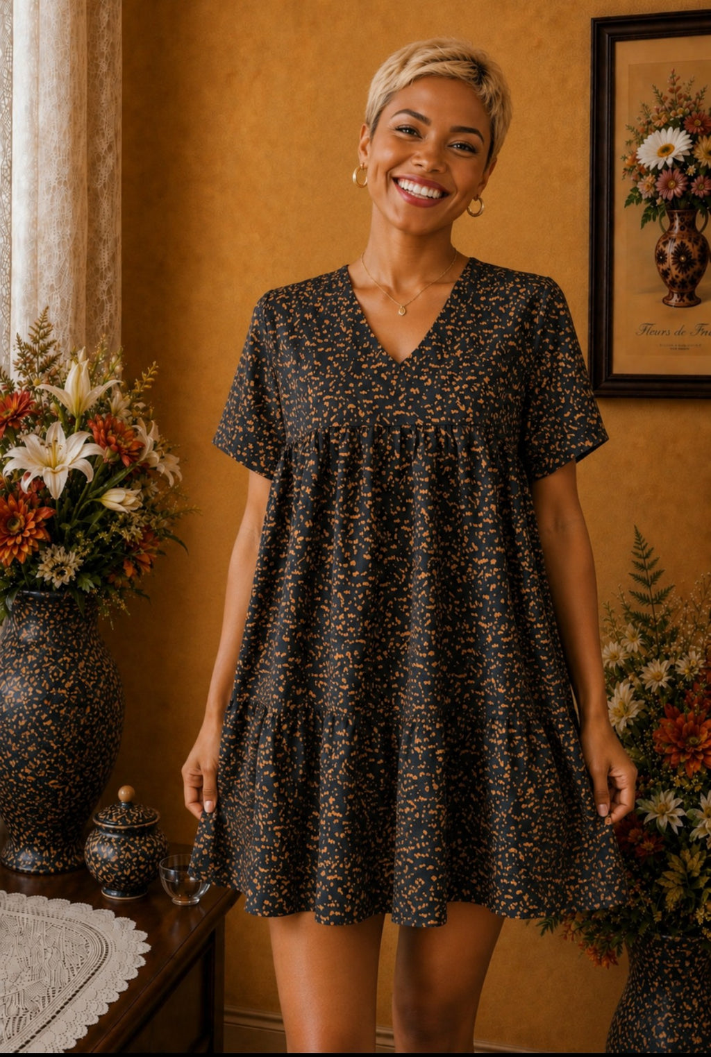 Robe d'été Shein noir moucheté camel orange taille 36