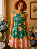 Robe d'Été florale bleue & multicolore coupe fluide t42