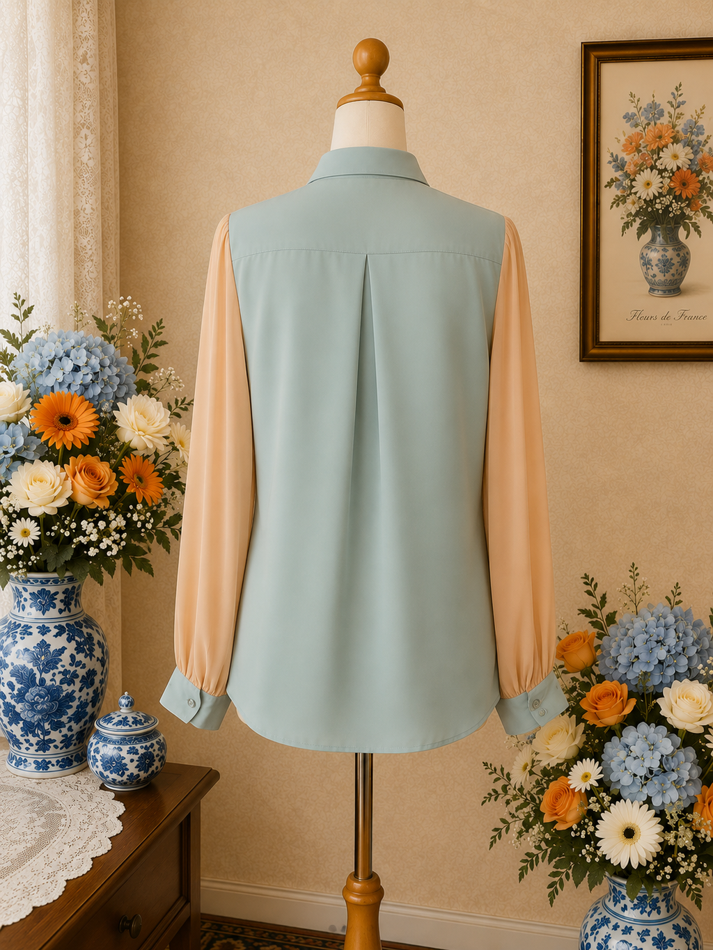 Chemise en soie pure vert menthe & crème – Queenie Paris