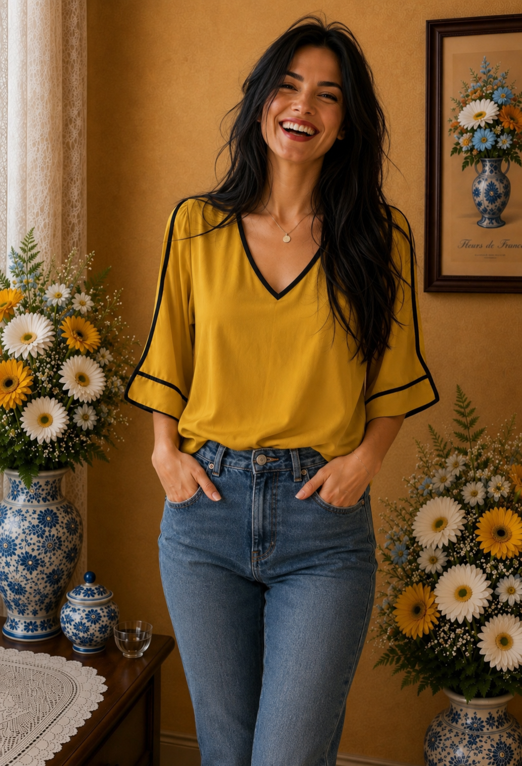 Blouse femme Dika jaune moutarde noir taille 36 manches 3/4💞